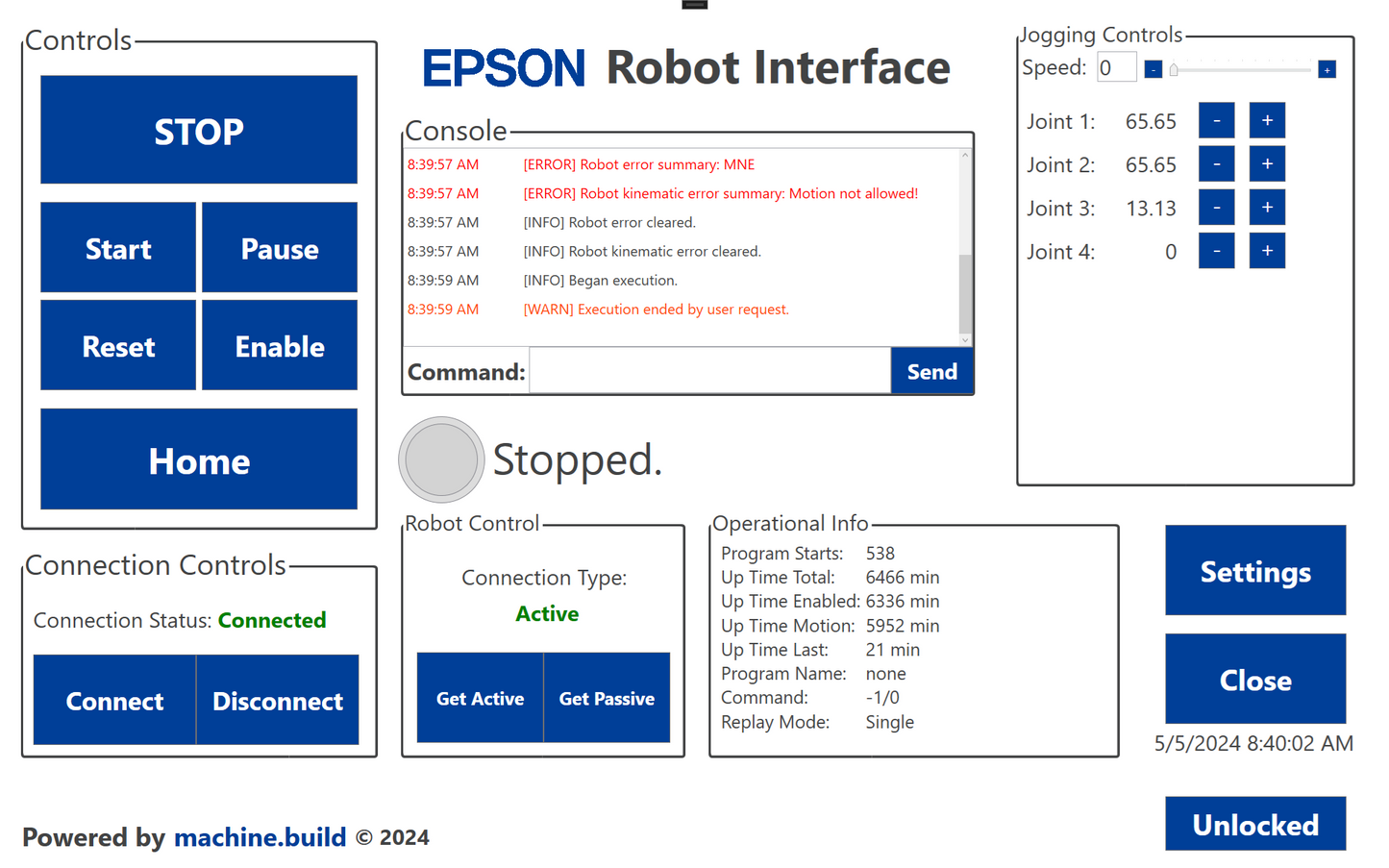 IRH Epson Robot Control HMI displaying robot control and monitoring functionality.