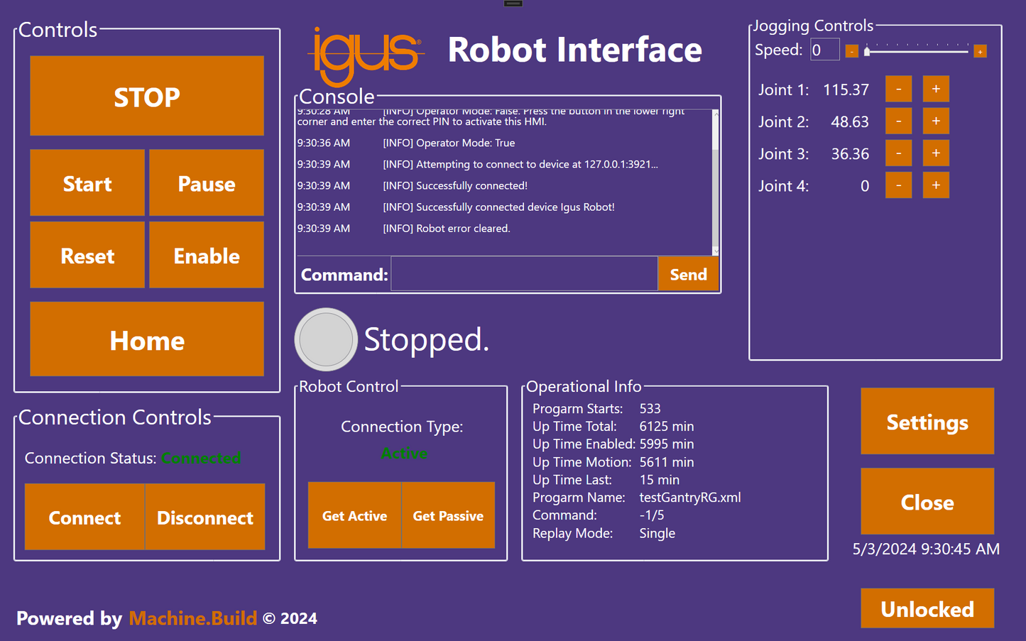 IRH custom HMI dashboard showing real-time robot status and controls.