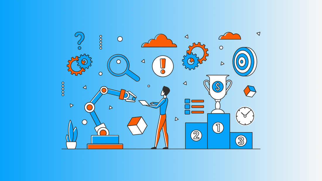 Automation process technology. Blue, orange, and white vector illustration of industrial robot, a worker, and icons suggesting exploring, system change, and results.