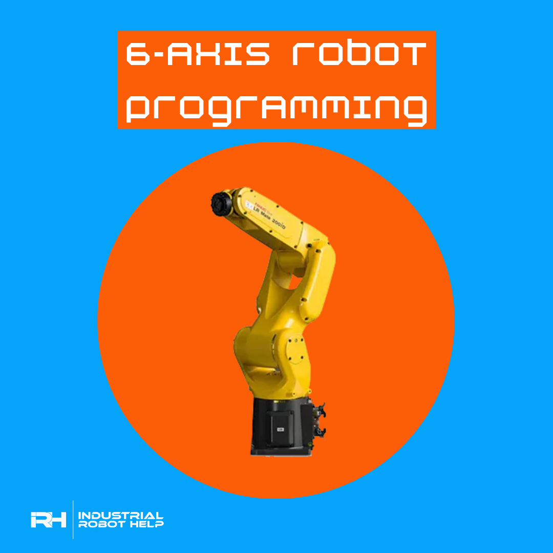 A promotional graphic for 6-Axis Robot Programming featuring a yellow industrial robot arm on a blue and orange background.