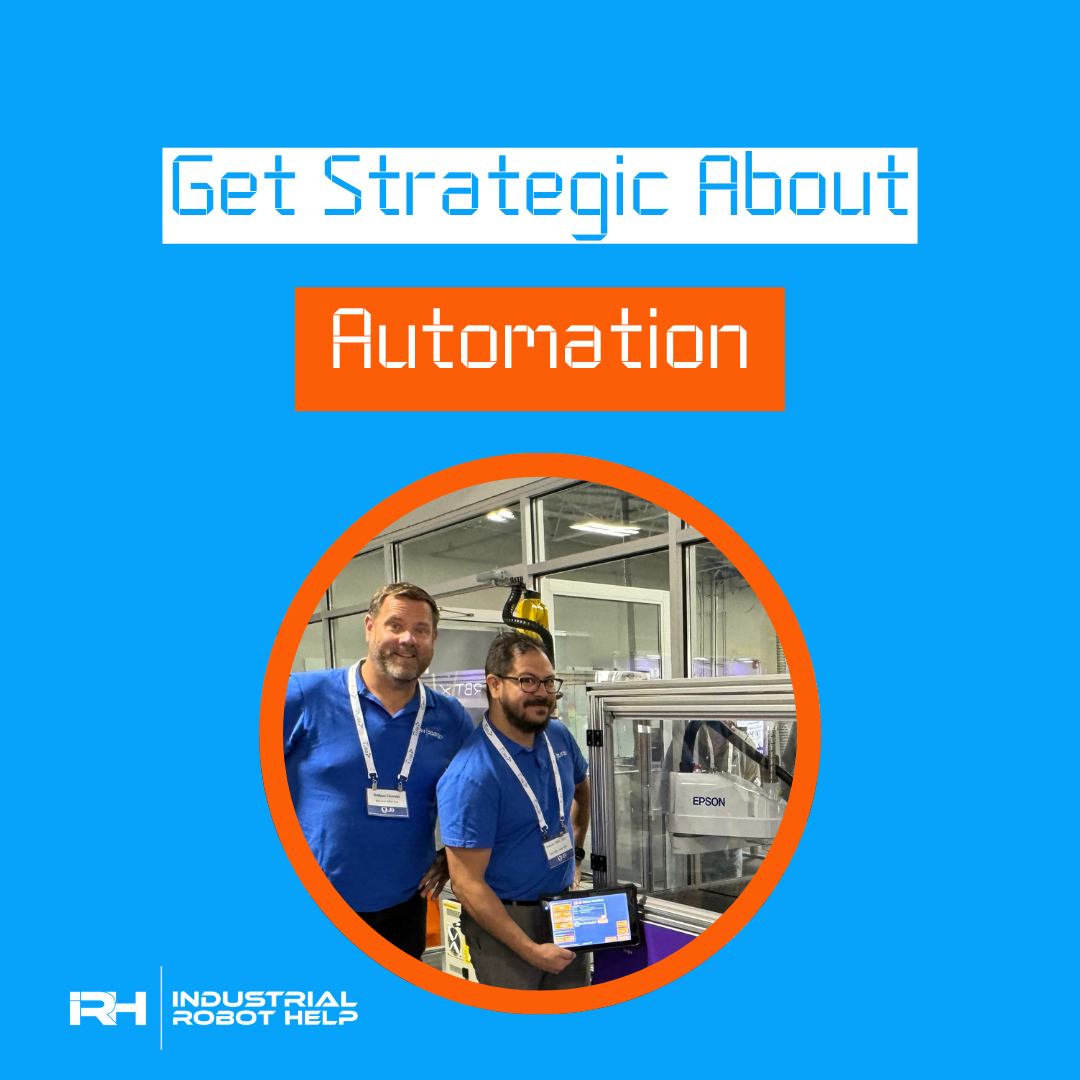 Promotional graphic  for automation consultation services featuring two IRH engineers holding IRH Advanced HMI System tablet next to Epson SCARA robot.