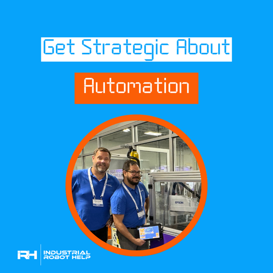 Promotional graphic  for automation consultation services featuring two IRH engineers holding IRH Advanced HMI System tablet next to Epson SCARA robot.