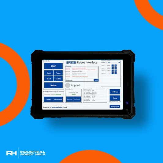 A ruggedized 10-inch Windows Tablet displaying an interface for controlling Epson robots with user-friendly buttons. 
