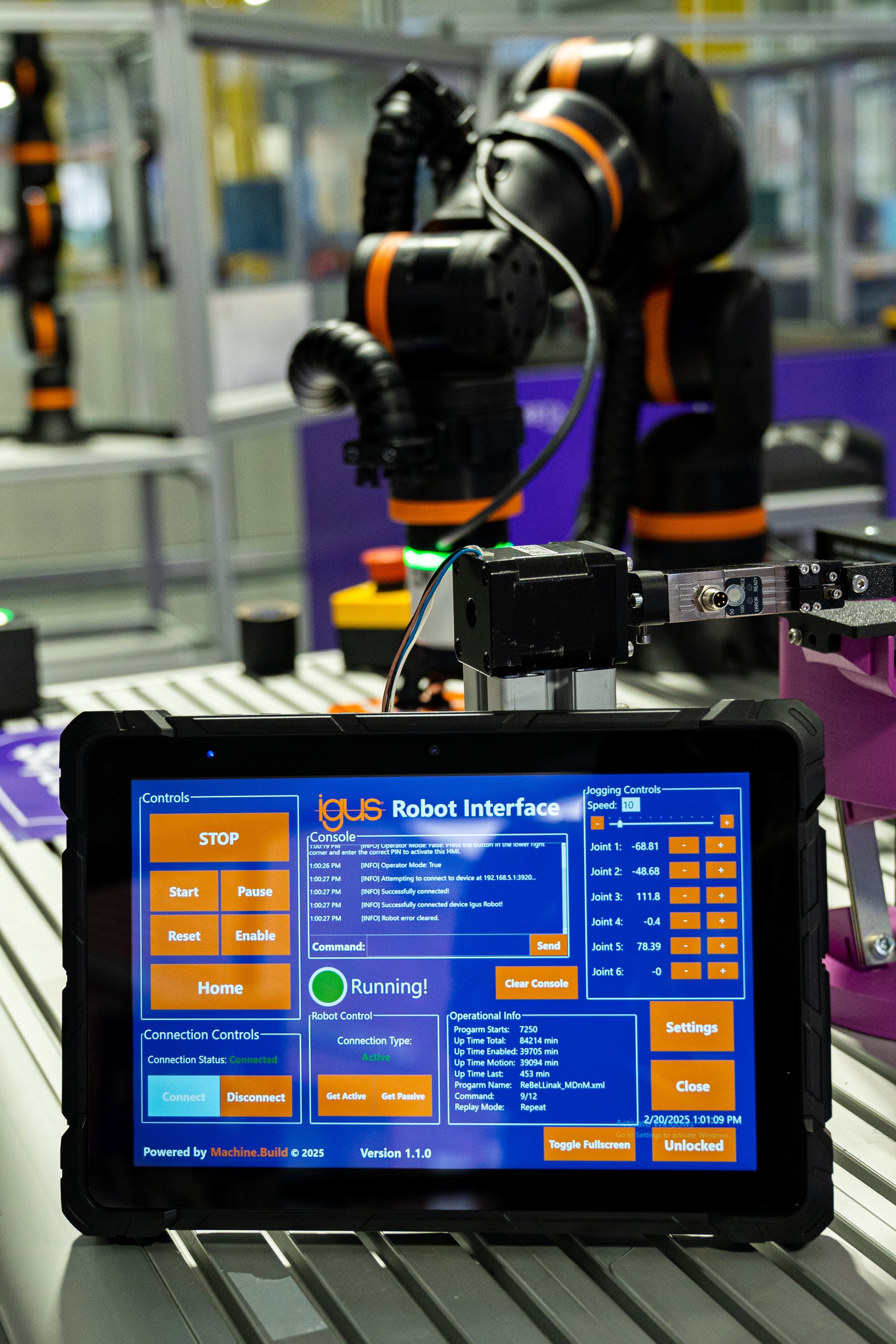 IRH HMI showing real-time robot status and control for igus ReBeL cobot