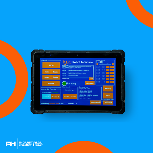 A ruggedized 10-inch Windows Tablet displaying a high-resolution touchscreen HMI interface for industrial robot control.