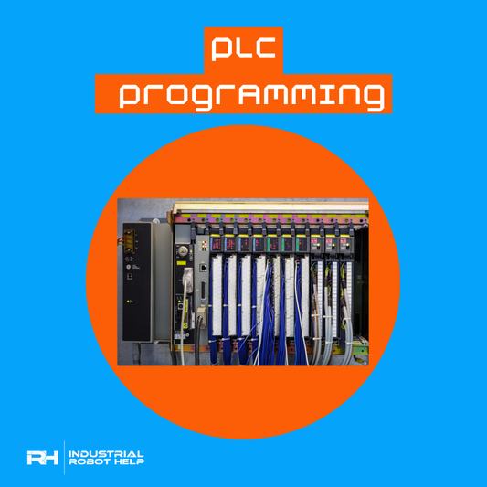 Promotional graphic for PLC programming service with a close-up of a PLC control unit with multiple cables and industrial robotic logo.