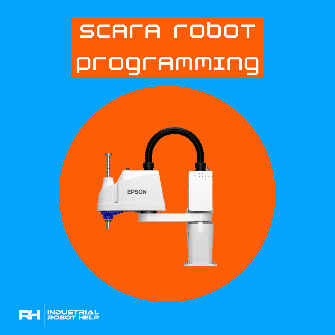 Promotional graphic for SCARA Robot Programming service with an Epson T-series SCARA robot against an orange and blue background.