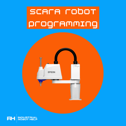 Promotional graphic for SCARA Robot Programming service with an Epson T-series SCARA robot against an orange and blue background.